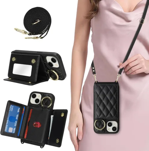 Vista 7 de Funda para iPhone 14 con tarjetero y correa para mujer, cordón cruzado, espejo de maquillaje, soporte de anillo, cierre a presión, bonitas fundas