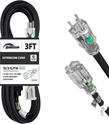 Vista 23 de Cable de Extensión HONDERSON con Extremo Iluminado, Certificado UL, Calibre 10, 1 Pie, Negro, 3 Puntas, Resistente, 10/3 SJTW, 15A, Cable de Energía