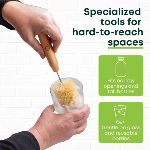 Vista 5 de Tieralia Juego de 5 cepillos de bambú para platos, kit de limpieza de cocina ecológico con cepillo para botellas, cepillo largo para platos