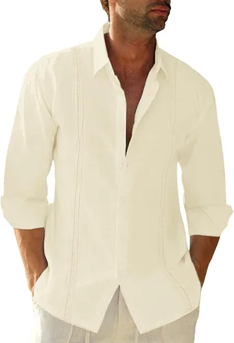 Vista 10 de JEKAOYI - Camisas de lino con botones para hombre, de manga larga, ajuste regular, de algodón, camisas de playa con bolsillo