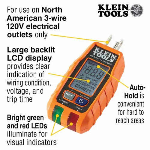 Vista 6 de Klein Tools CL120KIT - Kit de medidor de abrazadera digital de rango automático y probador de salida GFCI RT250 con pantalla LCD, probador