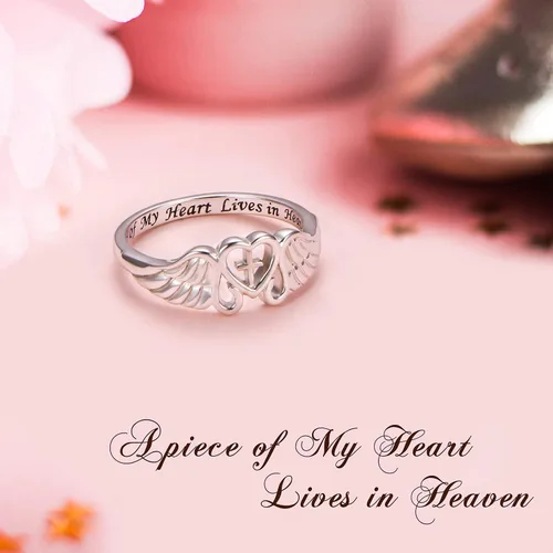 Vista 3 de FLYOW Anillo de plata de ley S925 A Piece of My Heart Lives in Heaven con alas de ángel para mujer, joyería de recuerdo de mamá, papá, abuela