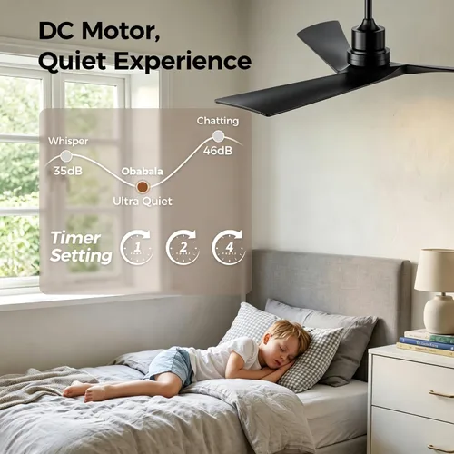 Vista 2 de Obabala Ventilador de techo de 52 pulgadas con control remoto, cuchillas de madera maciza, motor CC de 5000 CFM, silencioso, 35 dB, reversible, 6