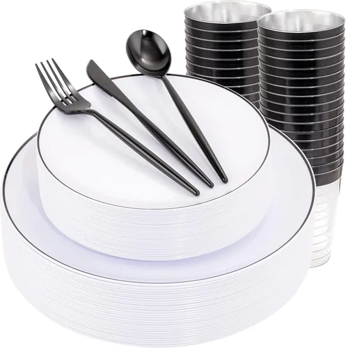 Vista 20 de ejonirinjonir EI - 180 platos de plástico beige con cubiertos de plástico dorado, platos desechables de alta resistencia para fiestas, juego