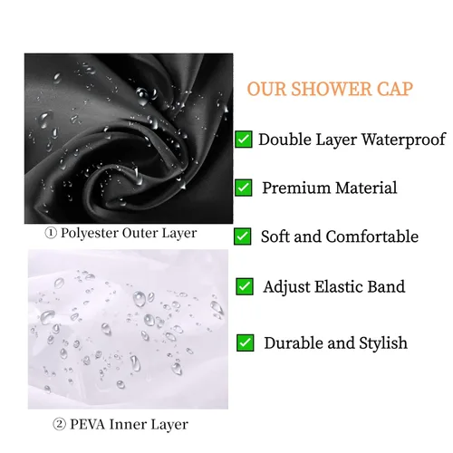 Vista 5 de Gorros de ducha para mujer, extra grande, ajustable, impermeable, reutilizable, gorro de ducha para mujeres y niñas, cabello largo y grueso, gorros