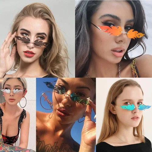 Vista 4 de RUNHUIS Gafas de sol de moda con llama de fuego para mujeres y hombres retro sin borde con forma de fuego gafas vintage para fiesta