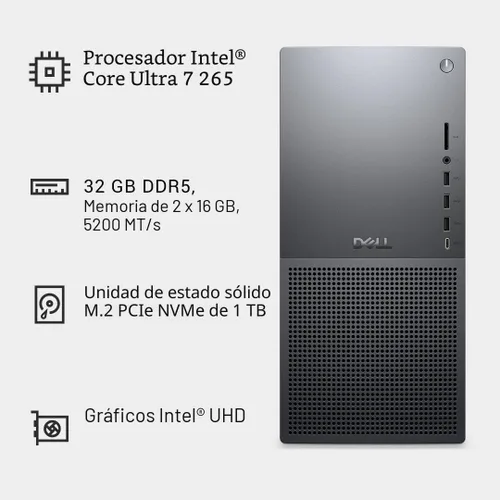 Vista 11 de Dell Tower Plus EBT2250 Desktop - Intel Core Ultra 7 265, SSD de 1 TB, 32 GB de RAM DDR5, Intel UHD, 1 año de servicio in situ y 6 meses de Dell