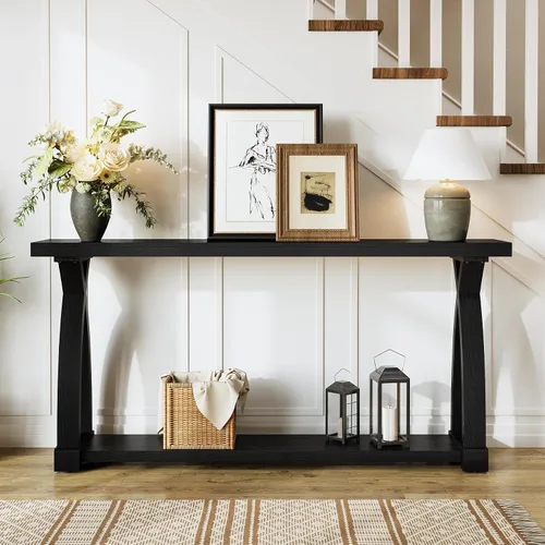 Vista 8 de Mesa consola de madera maciza para entrada, mesa estrecha de 63 pulgadas para sofá con almacenamiento de 2 niveles para entrada, vestíbulo, sala
