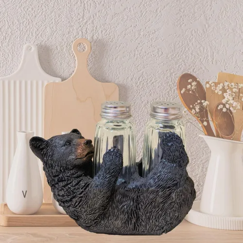 Vista 3 de Juego de saleros y pimenteros rústicos de oso negro en la parte posterior, accesorio decorativo de resina y vidrio para mesa de cocina, decoración