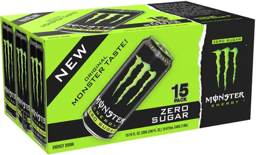 Vista 2 de Monster Energy Zero Sugar, Bebida energética verde, original, baja en calorías, 16 onzas (paquete de 15)