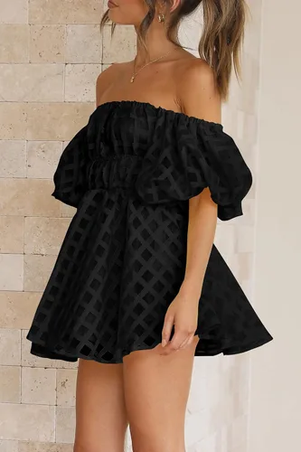 Vista 9 de PRETTYGARDEN Vestido babydoll con hombros descubiertos para mujer, manga corta abombada, casual, acampanado, con volantes, vestidos de verano