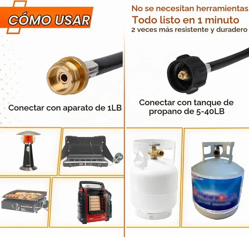 Vista 3 de GASPOWOR Manguera de propano, manguera adaptadora de propano de 5 pies, adaptador de tanque de propano de 1 libra a 20 libras, manguera convertidora