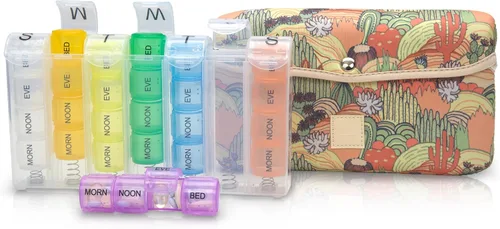 Vista 9 de Made Easy Kit Pastillero grande para 7 días/28 compartimentos en neopreno con pastillero de almacenamiento diario en la mañana, mediodía, víspera