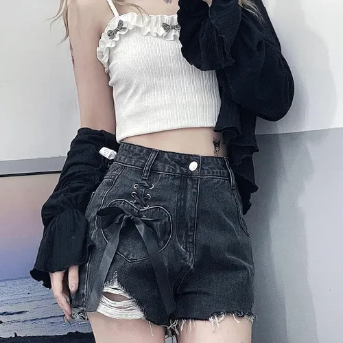 Vista 6 de ZLMuMulin Y2K Harajuku Style Kawaii Pastel Gothic Fashion High Waist Wide Leg Vintage Ribbon Ripped Jeans Shorts