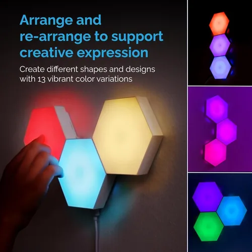 Vista 3 de Emberela HEXlights - Luces Sensoriales para Niños, Paquete de 3 Luces Hexagonales Táctiles, Control Remoto, Paneles LED de Pared Amigables