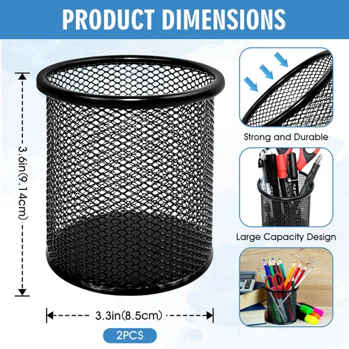 Vista 2 de Paquete de 2 vasos negros para lápices, soporte de malla de alambre para escritorio, organizador de bolígrafos de oficina con diseño elegante