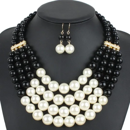 Vista 2 de Gargantilla de perlas de imitación multicolor multicapa de moda y exagerada+conjunto de joyas de aretes colgantes para novia, accesorios de vestir