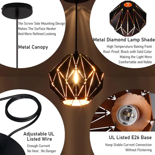 Vista 9 de Lámpara colgante industrial vintage lámpara colgante retro casa de campo lámpara colgante de techo negro metal creativo geométrico diamante sombra