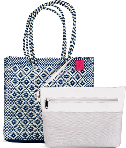 Vista 2 de Mixte Bolso tote tejido, bolso de playa beige y azul marino, bolso de plástico reciclado ecológico, resistente al agua, hecho a mano por artesanos