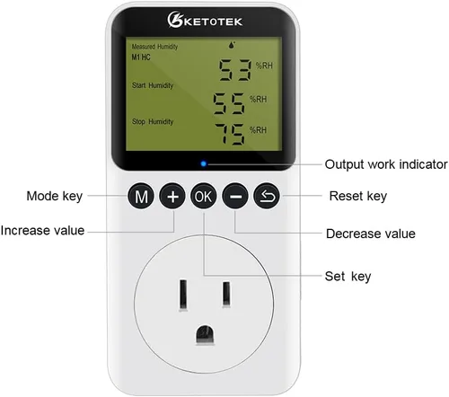 Vista 3 de KETOTEK Enchufe de salida digital de controlador de humedad con sonda de sensor, enchufe controlador de humidistato de 120 V para invernadero
