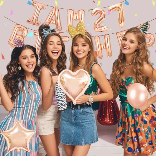 Vista 7 de Juego de fiesta de cumpleaños número 26, con texto en inglés "I am 26 Bitches" (Soy 26 Bitches), globos de confeti de oro rosa para niñas de 26 años