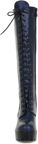 Vista 79 de Parisuit Botas góticas altas hasta la rodilla con hebilla de plataforma para mujer, tacón alto grueso, con cordones, botas de combate punk, con Negro