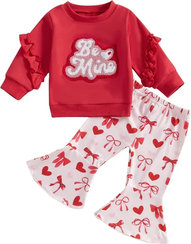 Vista 9 de Kayotuas Conjunto de sudadera de manga larga con estampado de corazón dulce y pantalones acampanados para bebés y niñas pequeñas Daddys Valentien
