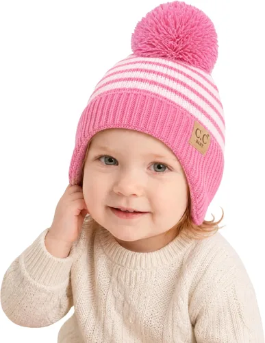 Vista 9 de C.C Gorro de Bebé con Doble Pompón de Piel con Orejeras para Niños y Niñas - Gorro de Punto Skully Cómodo, Suave y Cálido para Bebés, Niños Pequeños
