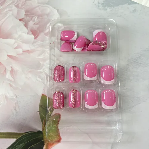 Vista 5 de Uñas postizas cortas cuadradas, acrílicas artificiales de color rosa rosa con diseño de lentejuelas coloridas, cobertura completa, reutilizables