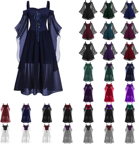 Vista 5 de BOXIACEY Vestidos góticos para mujer, hombros descubiertos, manga de mariposa, con cordones, vestido de Halloween, disfraz medieval renacentista