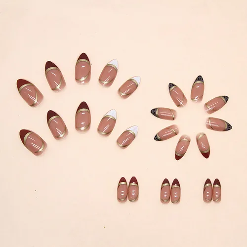 Vista 2 de Uñas postizas cortas francesas en forma de almendra con diseño de línea dorada y estampado de leopardo, uñas artificiales acrílicas de cobertura