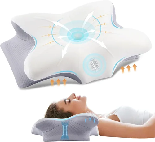 Vista 2 de Almohada cervical para aliviar el dolor de cuello, almohada ortopédica ergonómica de doble cara con funda de almohada de seda de hielo, almohada