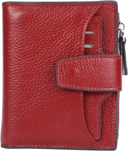 Vista 8 de Cartera de cuero con bloqueo RFID para mujer, pequeña, compacta, doble cremallera, con ventana para identificación