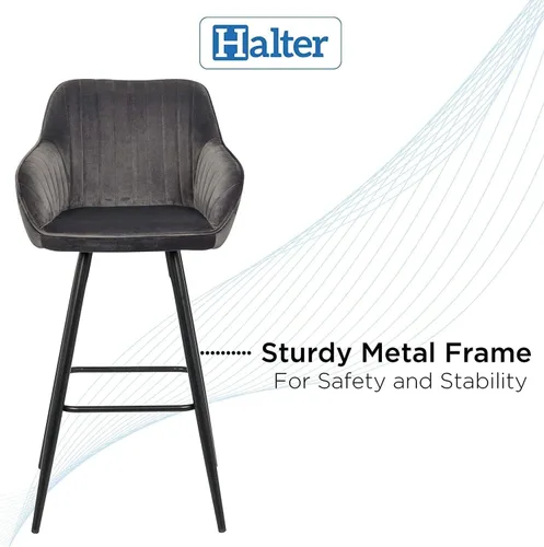 Vista 5 de Halter Taburete de bar con soporte trasero y reposapiés, taburetes de bar modernos tapizados para encimera de cocina, tela gris de felpa y marco