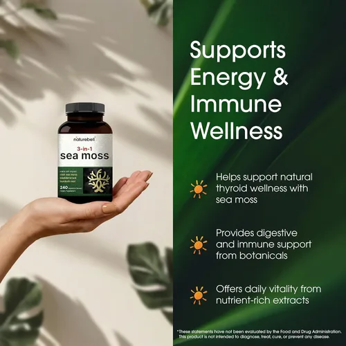 Vista 6 de NatureBell Musgo marino 3 en 1 - 240 cápsulas vegetarianas - Complejo de musgo marino con vejiga orgánica y raíz de bardana orgánica - Digestión
