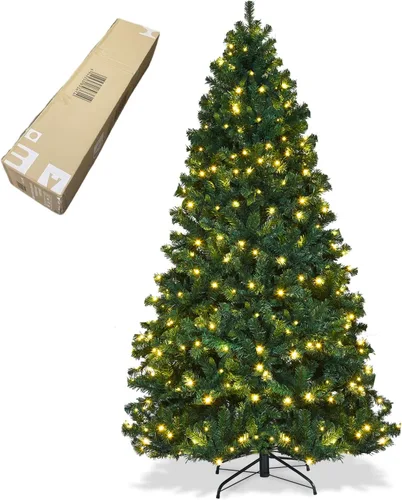 Vista 10 de ERGOMASTER - Árbol artificial de Navidad preiluminado de 7 pies con luces, árbol de Navidad falso verde con 1096 puntas de rama con bisagras, 300