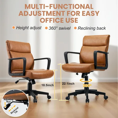 Vista 5 de Artswish Silla de oficina de cuero marrón, silla ergonómica de computadora con brazos de ruedas, silla de trabajo ajustable giratoria de 360°