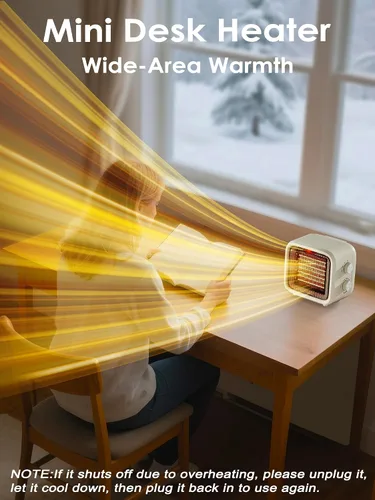Vista 6 de Calentador de espacio pequeño, mini calentador de escritorio PTC de 1500 W, termostato portátil, calor rápido 2S, silencioso, seguro para dormitorio