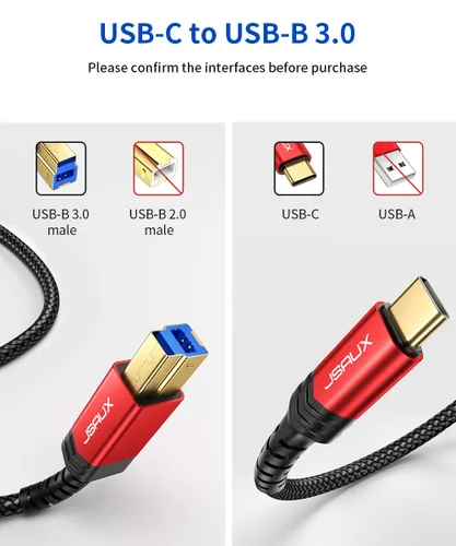 Vista 2 de JSAUX Cable de impresora USB B 3.0 a USB C de 6.6 pies, cable USB 3.0 tipo B de nailon compatible con estación de acoplamiento, discos duros