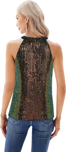 Vista 3 de GRACE KARIN Camisetas halter de lentejuelas para mujer, sin mangas, brillantes, fruncidas, fluidas, brillantes, para club, camisa de fiesta
