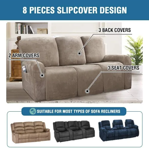 Vista 2 de Fundas elásticas para sillón reclinable, de terciopelo de lujo, para sofá reclinable de 3 cojines, funda para sofá reclinable súper suave, protector