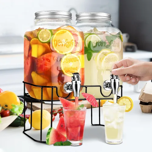 Vista 7 de Dispensadores de bebidas de vidrio de 1 galón para fiestas, dispensador de bebidas de limonada con soporte y grifo para barbacoa, picnic, fiesta