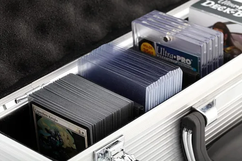 Vista 5 de Estuche de almacenamiento de metal negro para TCG, caja de cubierta, MTG, magia, FaB, Yugioh, tarjetas de intercambio, toploader, EDH, Commander