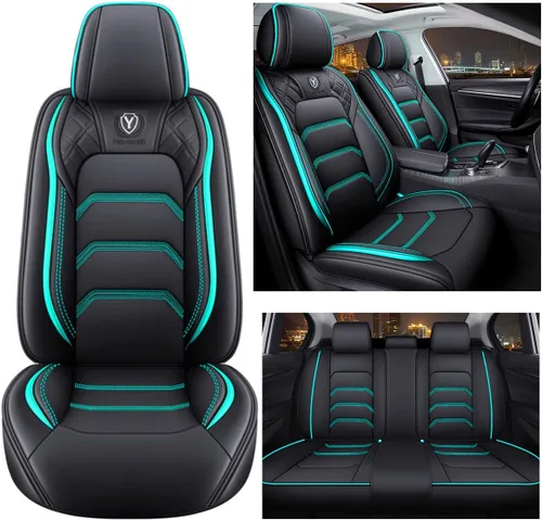 Vista 3 de Juego completo de fundas de cuero cómodas para asientos de automóvil de 5 asientos, ajuste universal (negro y verde)