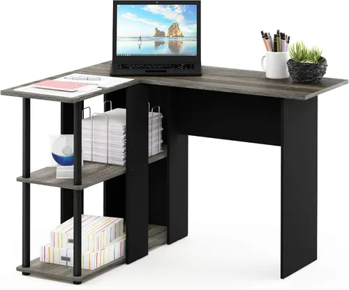 Vista 21 de Furinno Escritorio clásico, escritorio para juegos en forma de L de 40 pulgadas de ancho, escritorio para computadora, escritorio con estantes