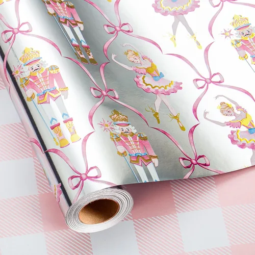 Vista 22 de Homeral Rollo de papel de regalo de Navidad, Papá Noel, muñeco de nieve y lazo y bastones de caramelo rosados, envoltura de regalo reversible