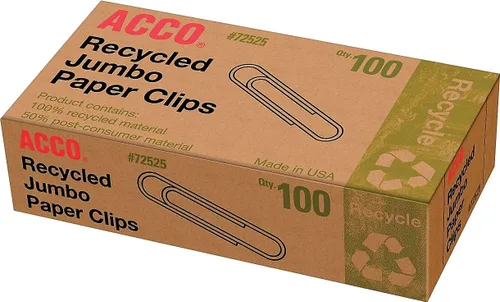 Vista 5 de ACCO Clips de papel reciclados, acabado liso, tamaño jumbo, 100 por caja, 10 cajas por paquete (72525)