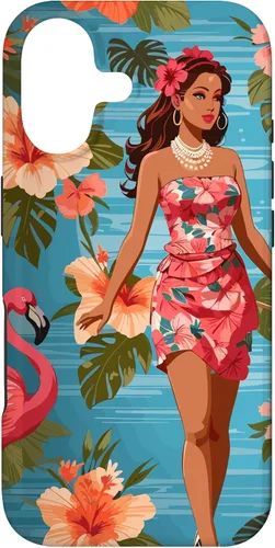 Vista 32 de iPhone 12 Pro Max Vintage Tiki Design - Funda hawaiana retro de flores hula y flamencos