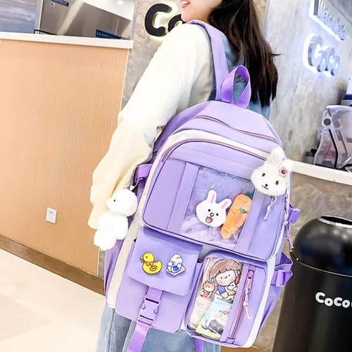 Vista 6 de TEMI 5 piezas de suministros para el regreso a clases mochila kawaii para mochila escolar bonita mochila para niña lindo bolso de mano accesorios