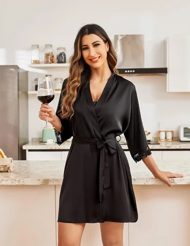 Vista 3 de Ekouaer Camisón de satén para mujer, conjunto de 2 piezas, ropa de dormir sexy de encaje